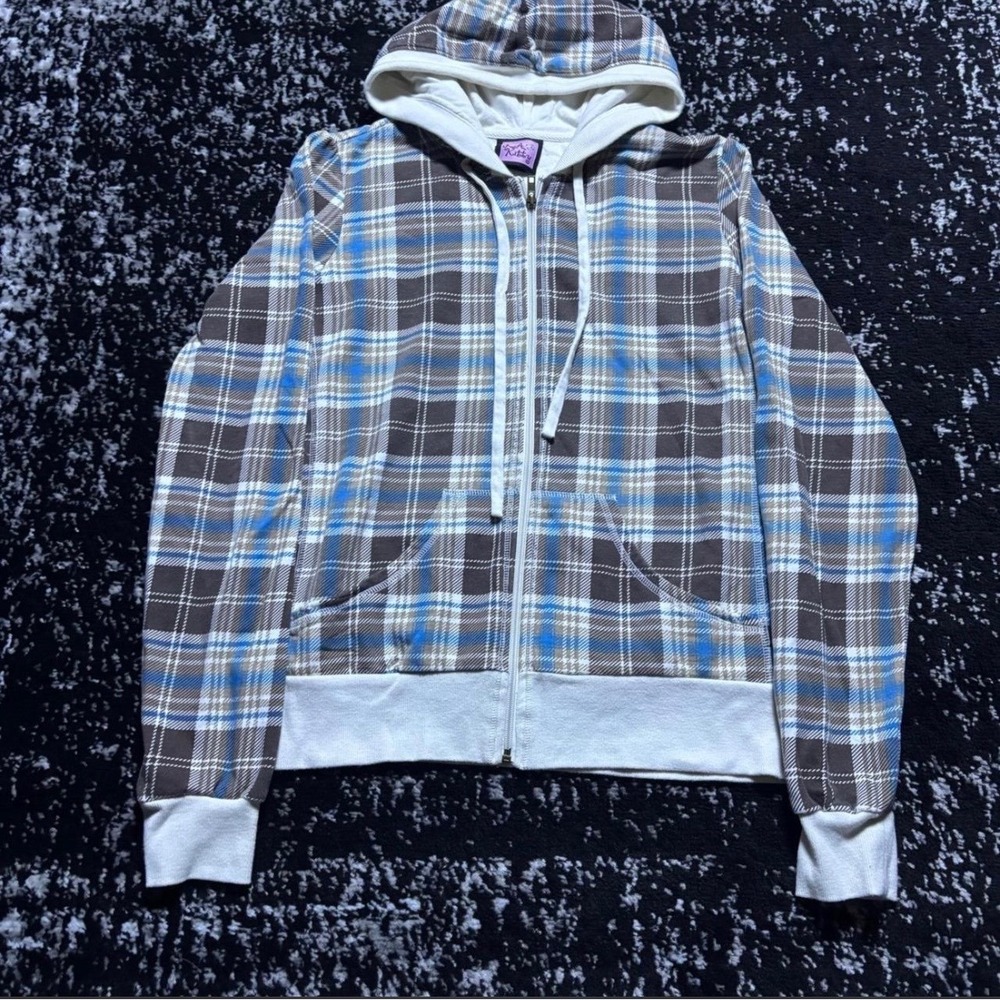 LA Kitty Plaid Zip Up Hoodie Womens XL Blue Brown Y2K Full Zip Sweatshirt